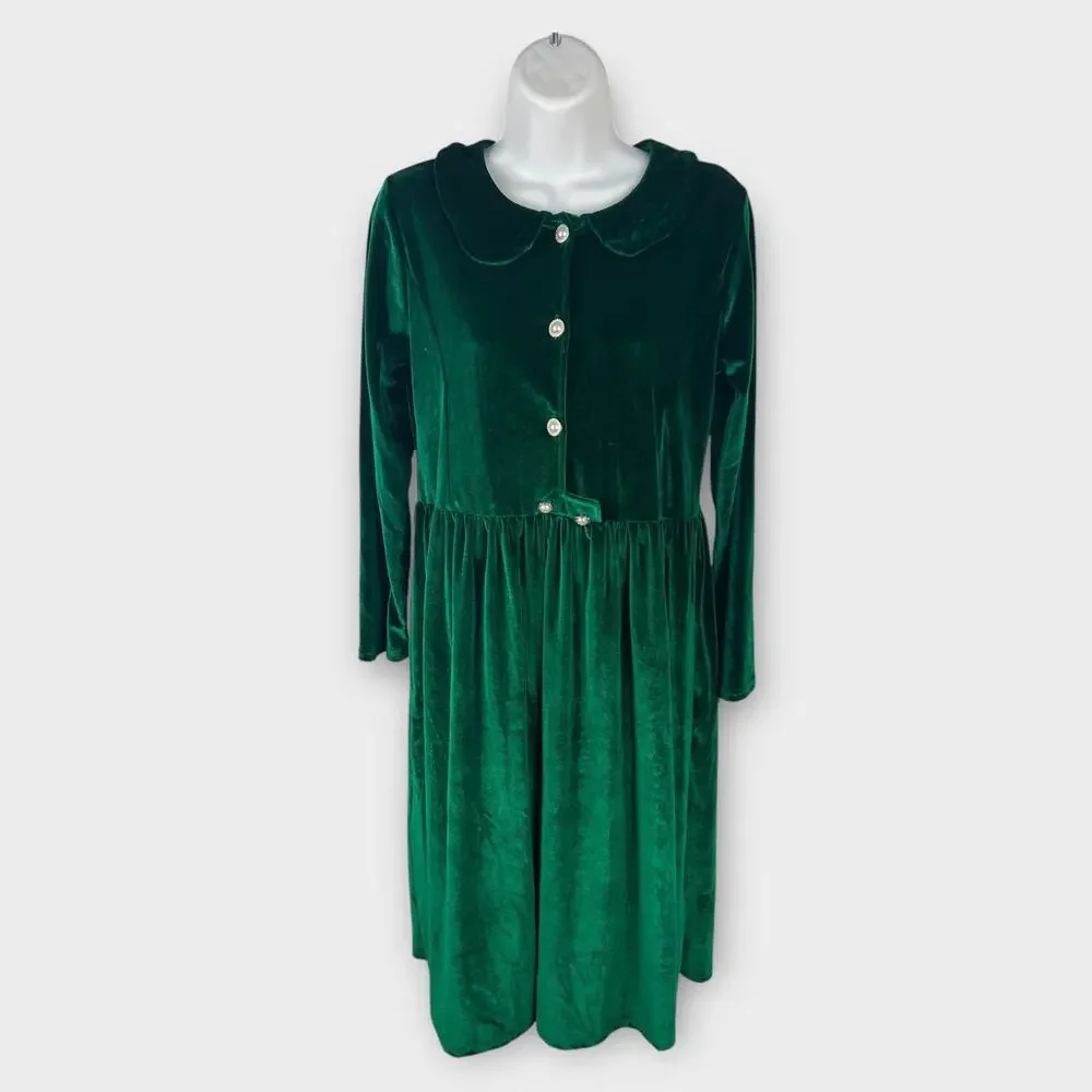 Girls Green Velvet Holiday Dress Size‎ 14 Long Sleeve Pearl Button Christmas